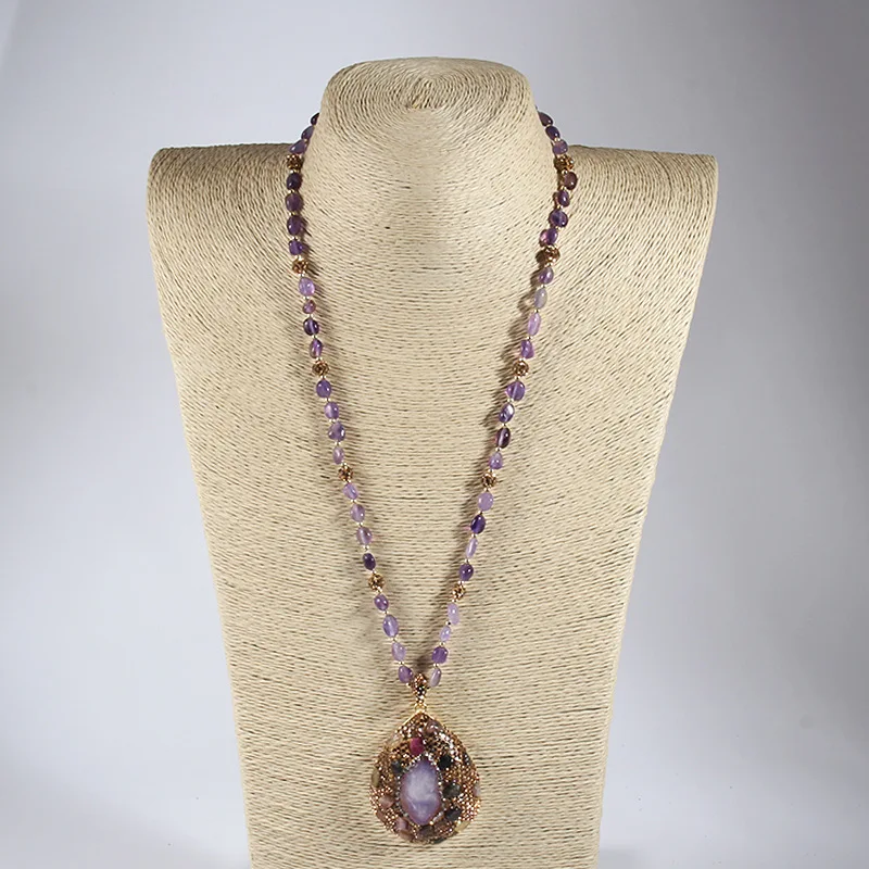 Aquamarine Rose Quartz Rhinestone Pava Ball Hematite Necklace Crystal Rough Pendant Necklace