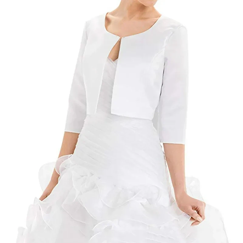 White Satin Wedding Jacket for Women Long Sleeve Capes Wraps Bolero Cloak Elegant Evening Wrap Short Shrugs Wedding Cover up