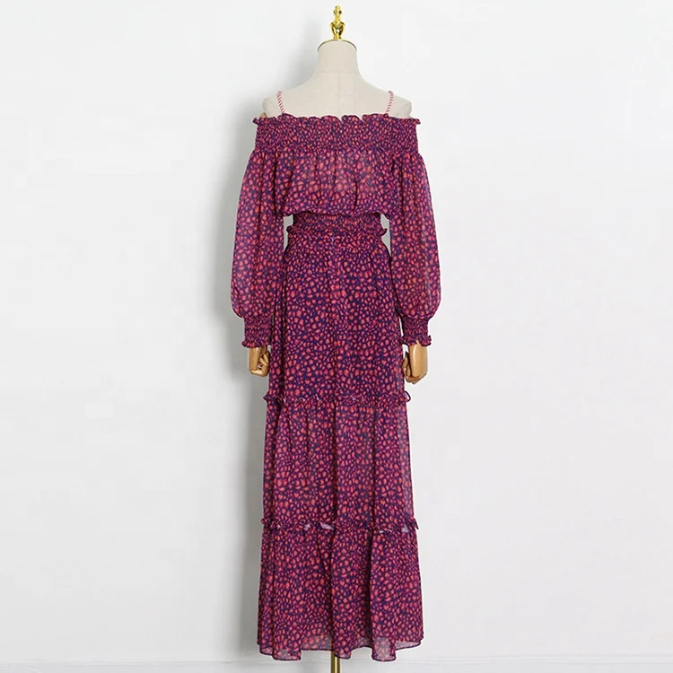 2022 Summer Korean Polka Dot Skirt Suit One-Shoulder Lantern Sleeve Chiffon Shirt and High Waist Long Swing Dress