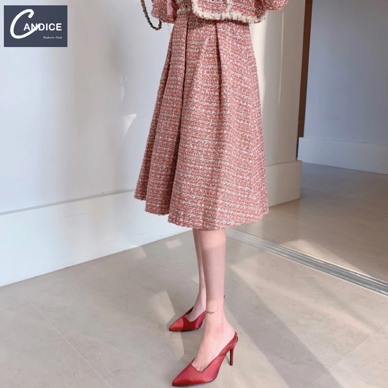 Candice Korean style high quality elegant beaded pearl tweed coat pink long sleeve 2 piece set women dress