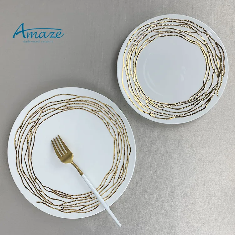 Dishwasher safe bright white minimalistic catering dinnerware dish gold rim decor restaurant salad pasta ceramic porcelain plate