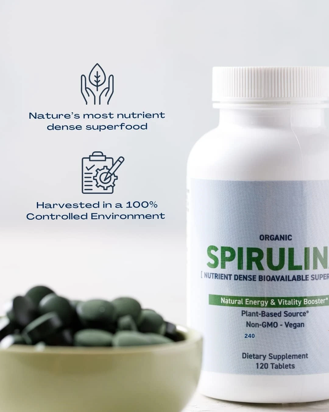Organic Spirulina Tablets  No Additives or Fillers 500mg Premium Quality Dietary Supplement with Vitamins Minerals Antioxidants