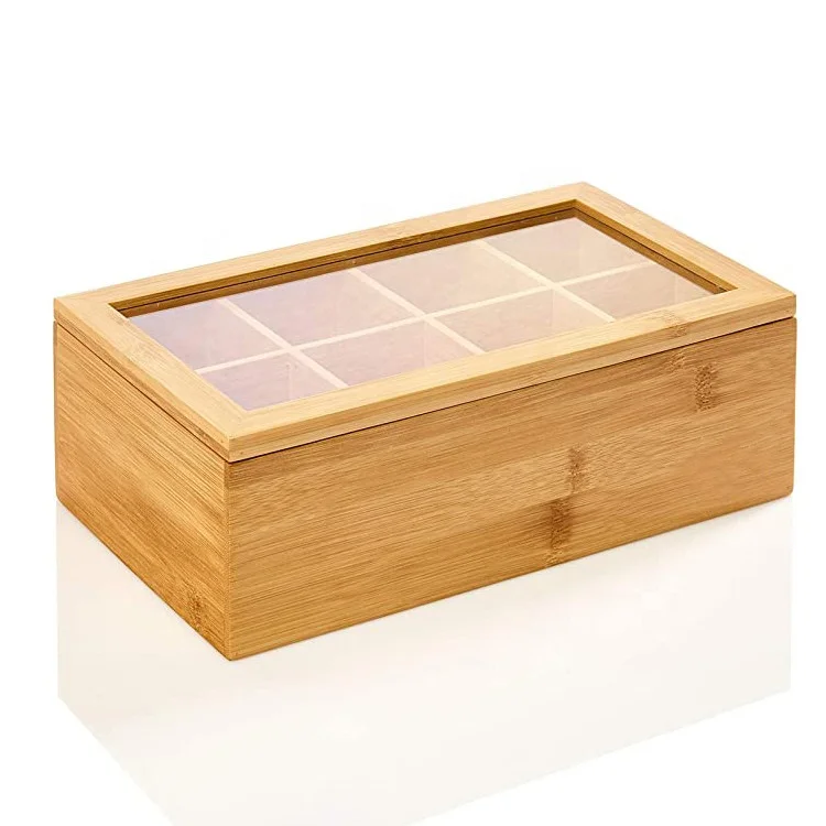 Бамбуковая чайная коробка, органайзер для хранения с 8 отсеками, 100% натуральный и органический чайный пакетик, Caddy с прозрачной крышкой