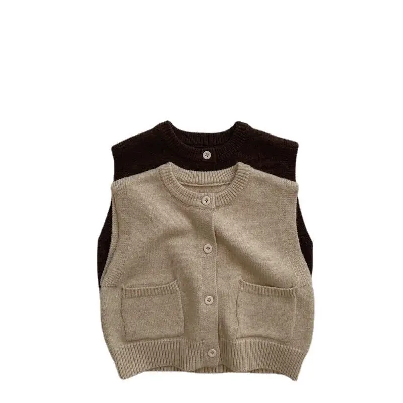 Solid color kids tops and blouse knitted cardigan round neck vest boy children clothing sleeveless jacket knit sweater