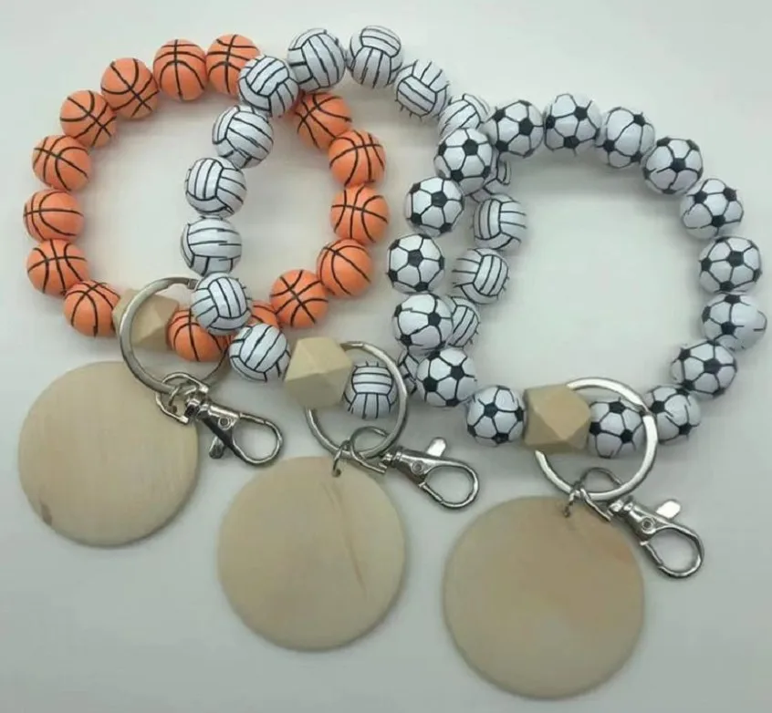 Wooden Keychain Bracelet Beaded Bangle Keyring Wristlet Keys Ring Holder Baseball Football Basketball Beads M3492