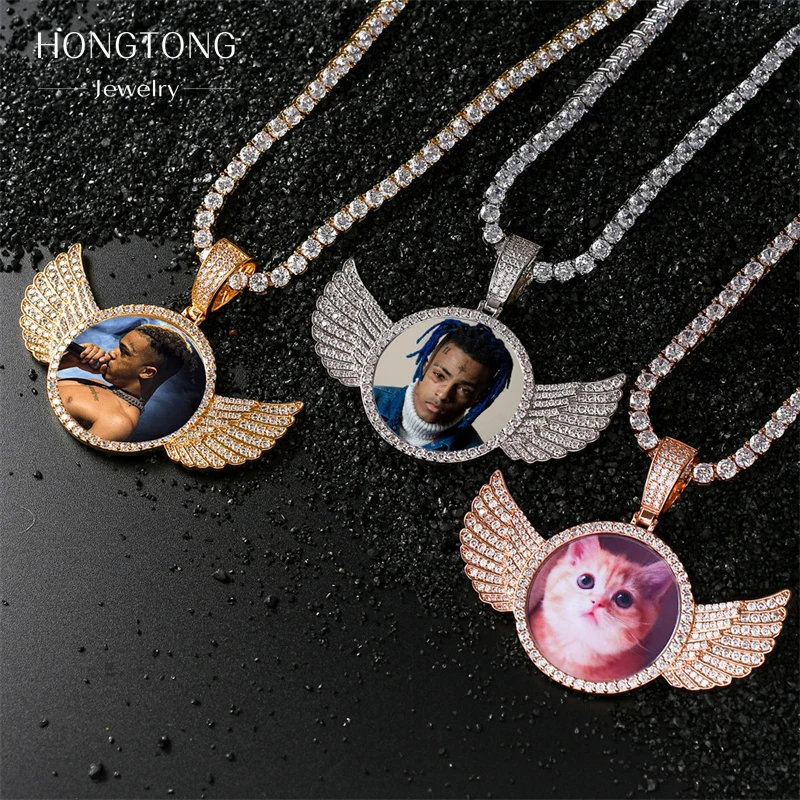 Custom Cartoon Photo Memory Medallions Picture Pendant Necklaces Hip Hop Bling Jewelry Sets Cz Cubic Zirconia Diamond Necklace