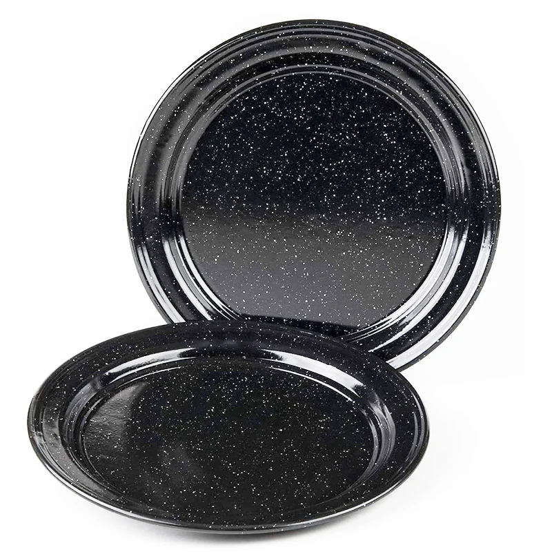 10 inch Kitchen Durable enamelware custom outdoor picnic camping black speckled enamel tin food serving dishes plate for Oven