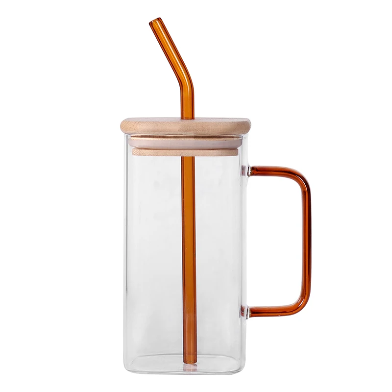 Square Glass Cup With Bamboo Lid And Reusable Glass Straw Iced Coffee Glasses Soda Can Cup