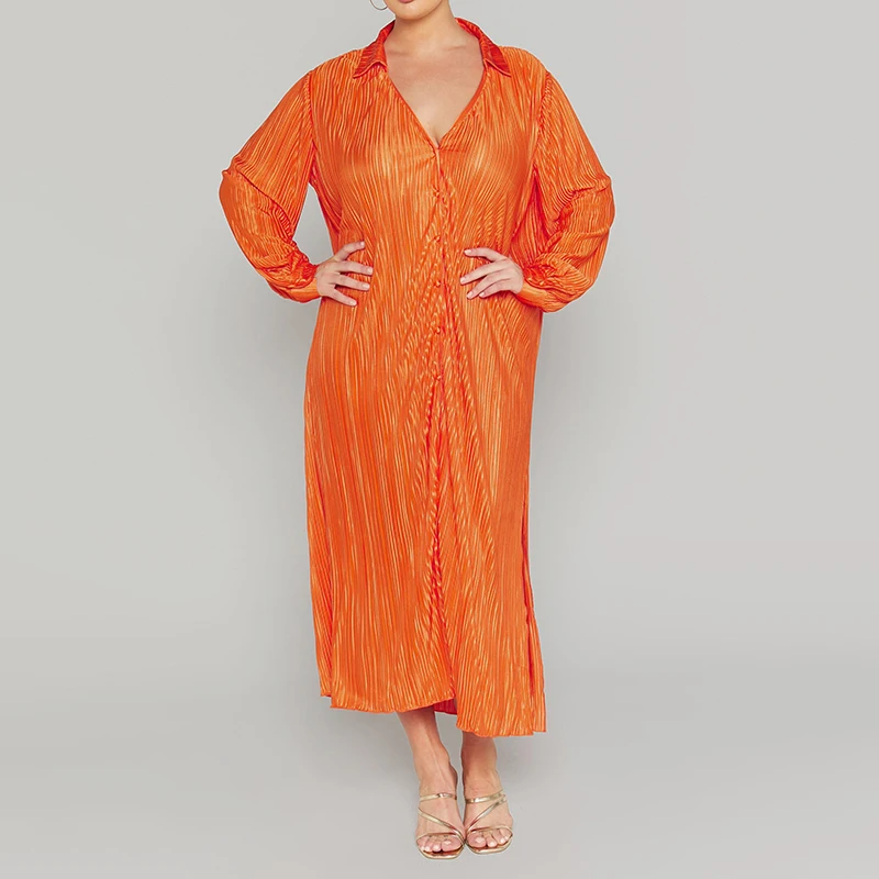 Plus Size Clothing Custom Supplier Fashion casual Ladies Elegant solid color long sleeve pleated ladies office dress with belt