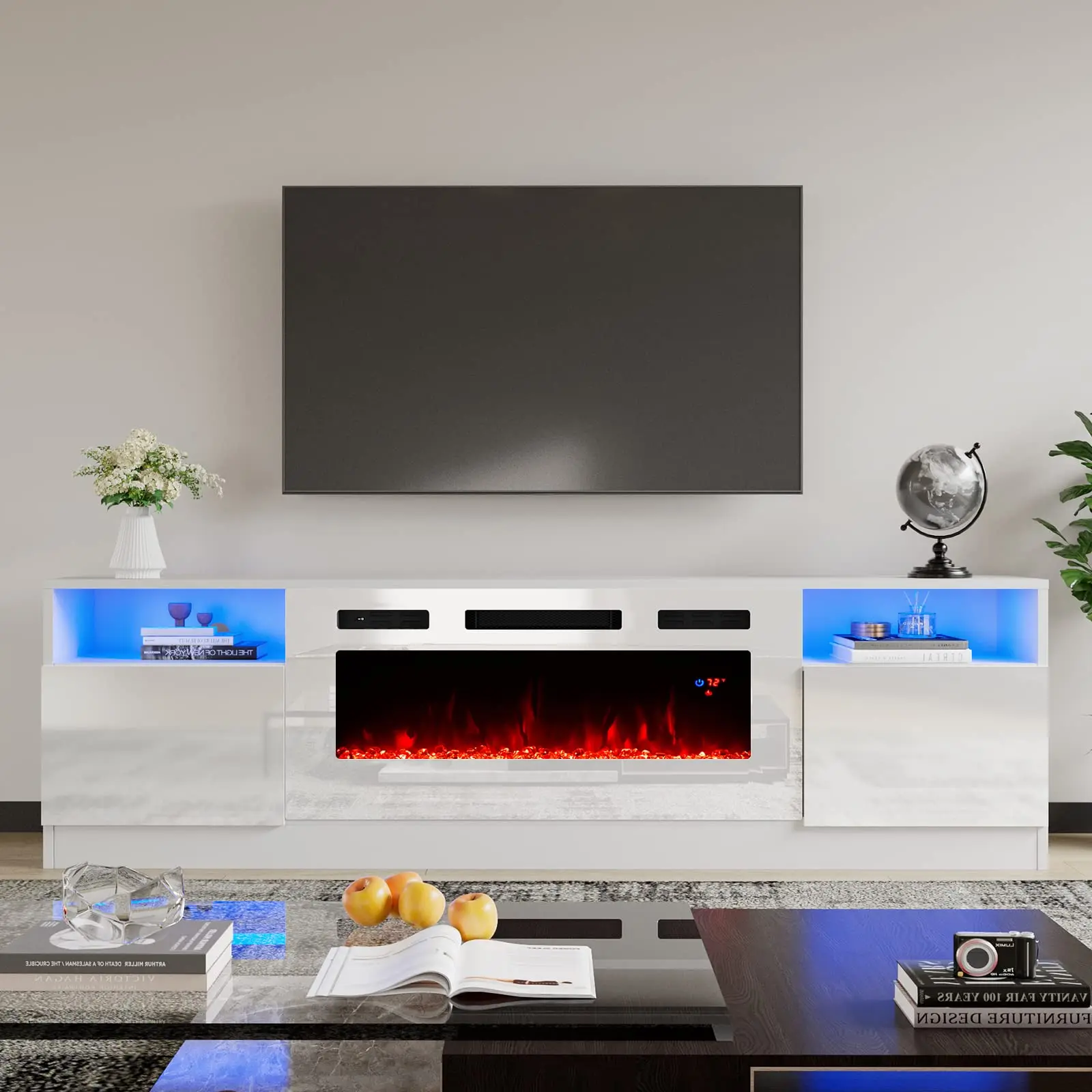 Modern High Gloss TV Stand with 36  Electric Fireplace for TVs Up to 80 , White Grey, Black TV STANDS