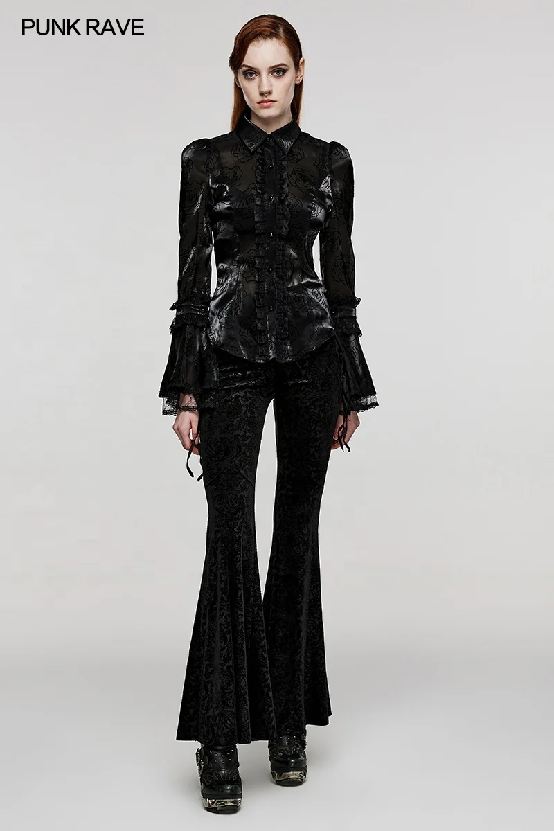 PUNK RAVE WLY-104XCF Goth Vintage Rose Patterned Shirt Sexy Perspective Slim Organza Shirt Lolita Flared Sleeves Lace Blouse