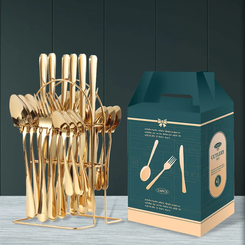 Colorful 24Pcs Gift Box Gold Silver Gift Hotel Western-Style Tableware Stainless Steel Knife, Fork And Spoon Set
