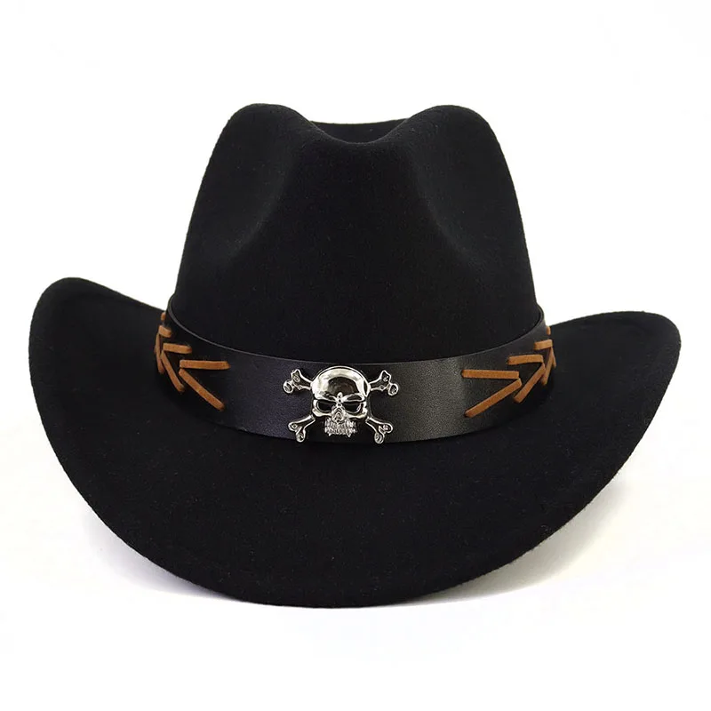 Fashion Chic Wide Brim Roll-brimmed Fedora Hats with a pirate skull logo for Fashion Cowgirl and Cowboy