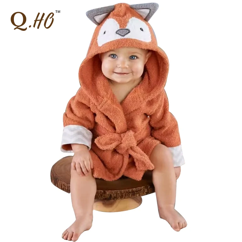 Wholesale 100% Organic Cotton Baby Towel With Hood Grey Elephant Embroidery Hooded Kids Bath Towels Bathrobe