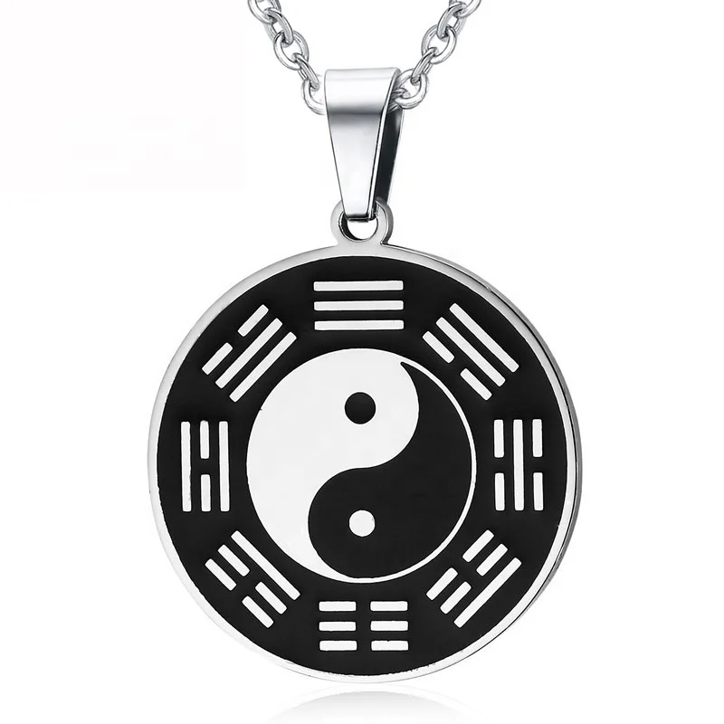 White Black Enameled Circle Pendant Tai Chi Bagua Yin Yang Necklace For Men