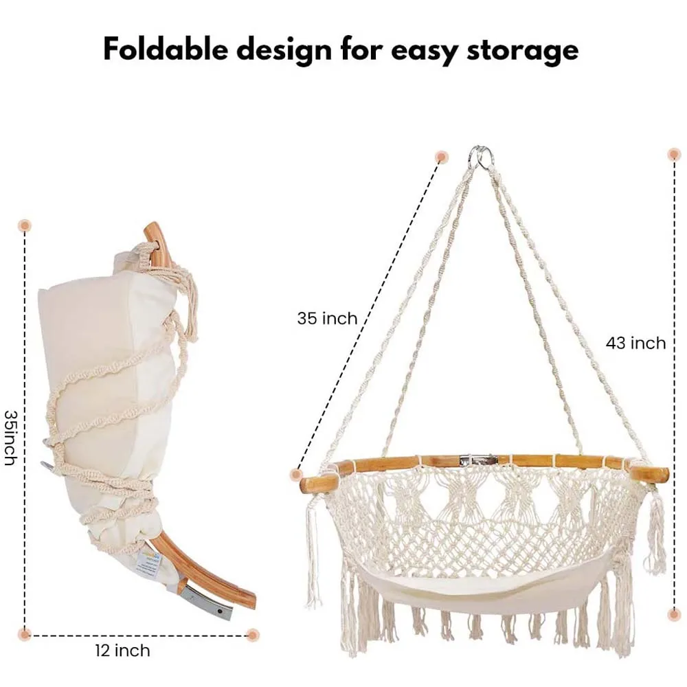 Hammock Chair Macrame Swing, Wide Bamboo Back Support Handmade Knitted Hanging Cotton Rope Hammock Swing Chair for Indoor Outdoo