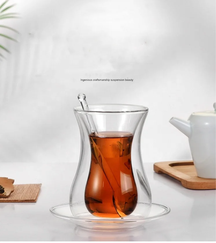Saucer with glass spoon coffee cup set insulated double tumbler clear small Turkish teacup for home use