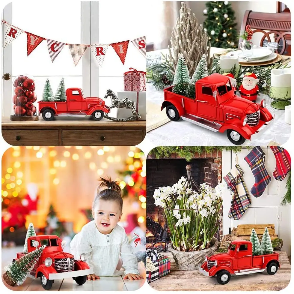 Xmas Metal Crafts Kid Toy Navidad Vintage Christmas Red Metal Truck With Christmas Tree Decoration