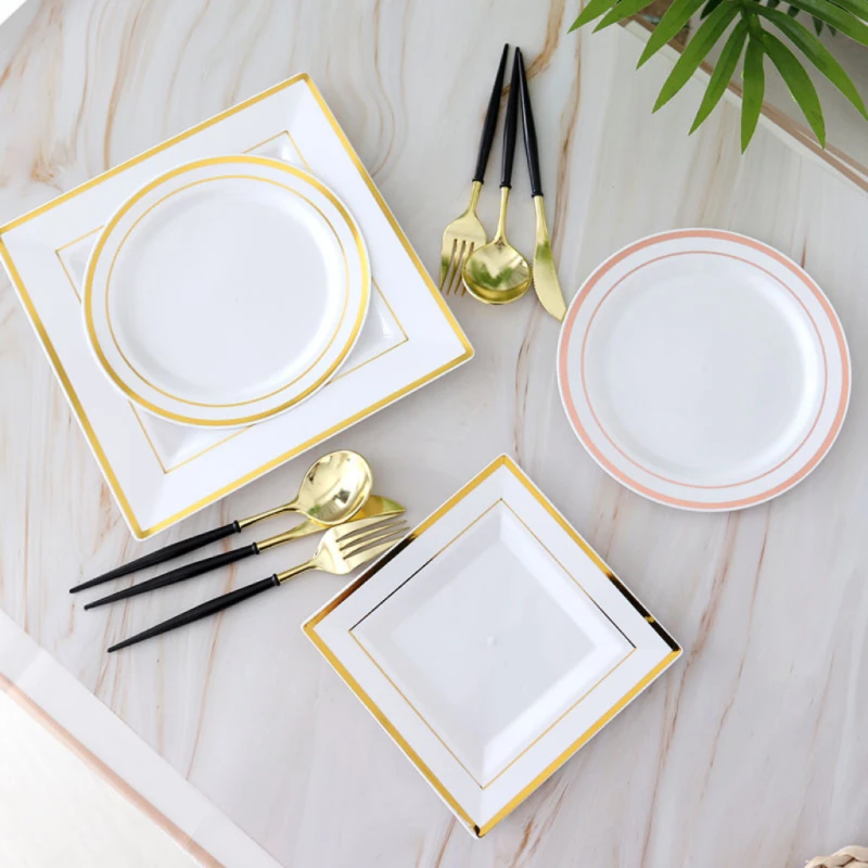 16 Person Camping Plastic Tableware Set Gold Dinner Set Dinnerware Party Gold Cutlery Set with Paper Napkin