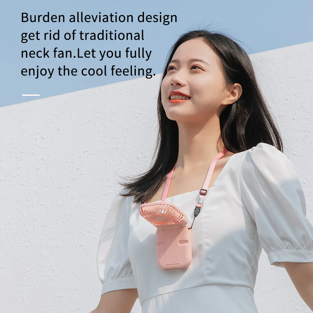 Folding Portable Mini Usb Fan Rechargeable Cooling Hands-free Hanging Neck Band power bank Fan with holder for Outdoor Traveling