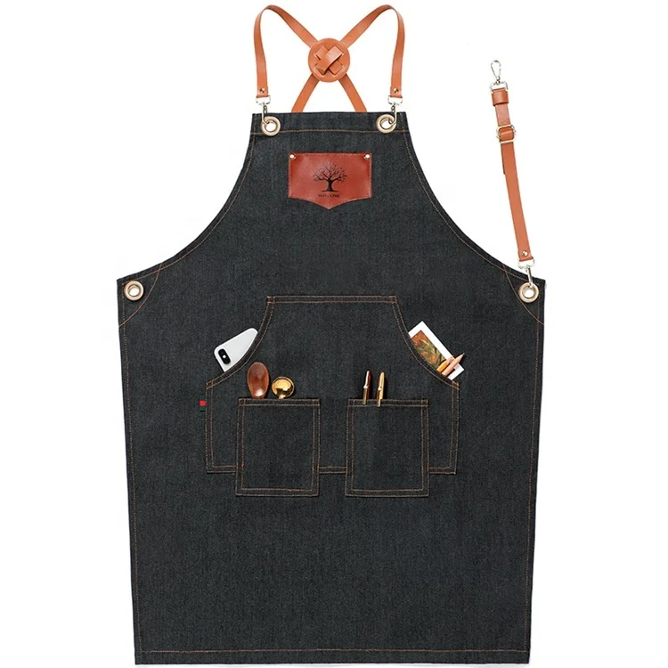 Fast delivery commercial kitchen server denim apron Unisex Adjustable Denim Barber bbq Kitchen cafe Apron With Pockets
