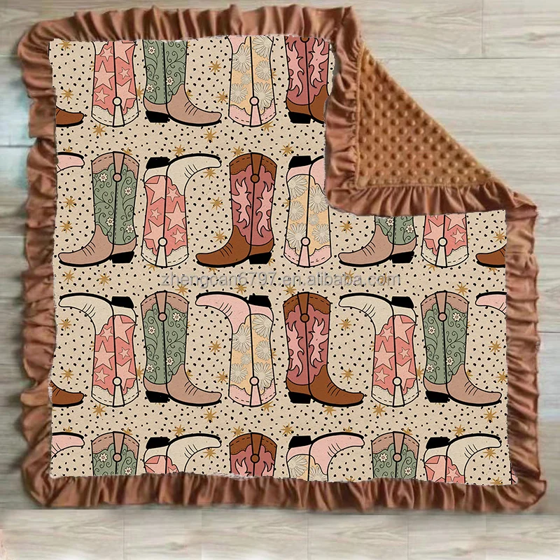 Custom 2022 Hot Sale Warm Western Style Double Layers Cowboy Dot Baby Swaddle Blanket Super Soft