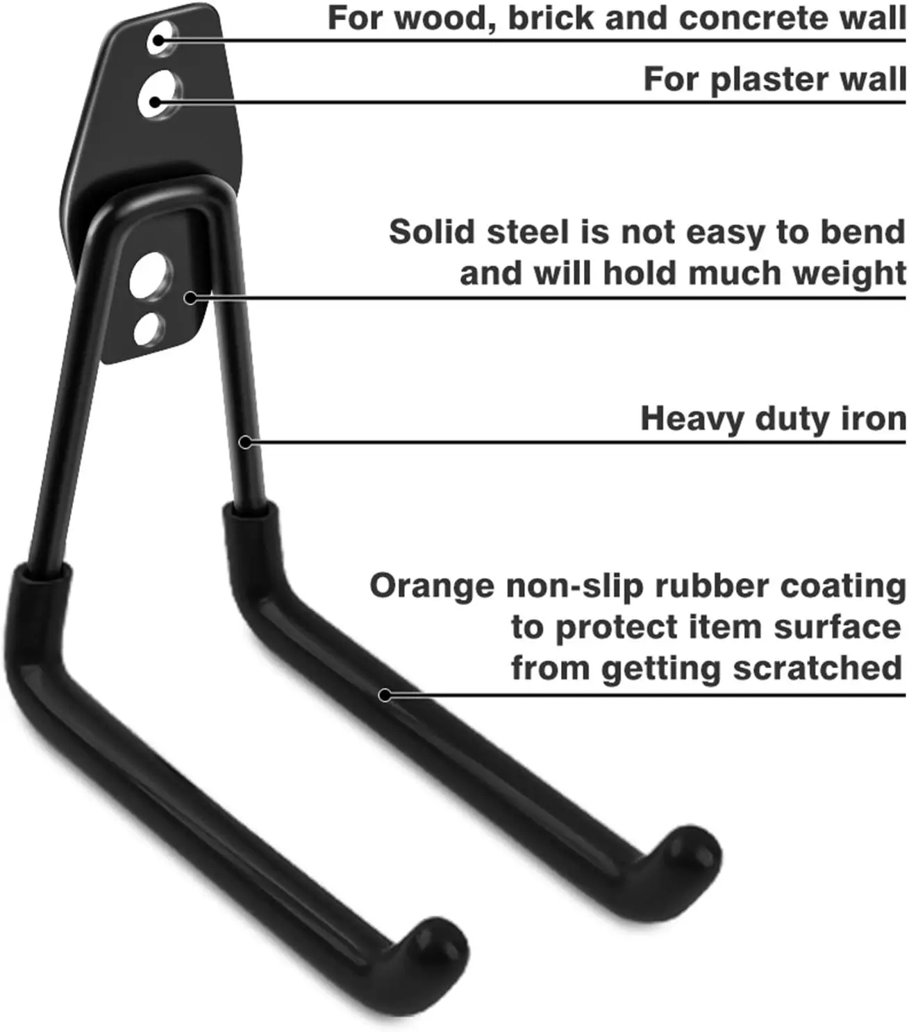 Utility Double Hooks 6 Pcs Steel Bucket Bracket Non-Slip Rubber Tool Hooks for Bulk Items, Bicycles