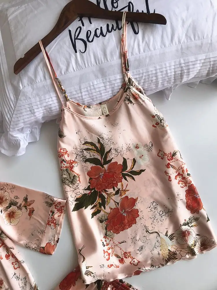 Custom 3 Pcs Printing Women Robe Sets Spaghetti Strap Cardigan Pant Set Sexy Fashion Female High Quality Pajamas