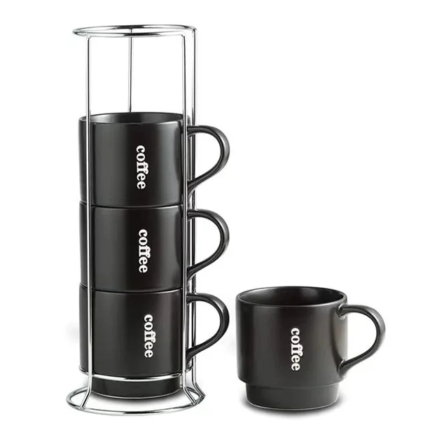 Hot   Ceramic Coffee Cup Set Of 4 Black Matte Black Stackable Tea Cocoa Milk Gift Mug Set With Rack