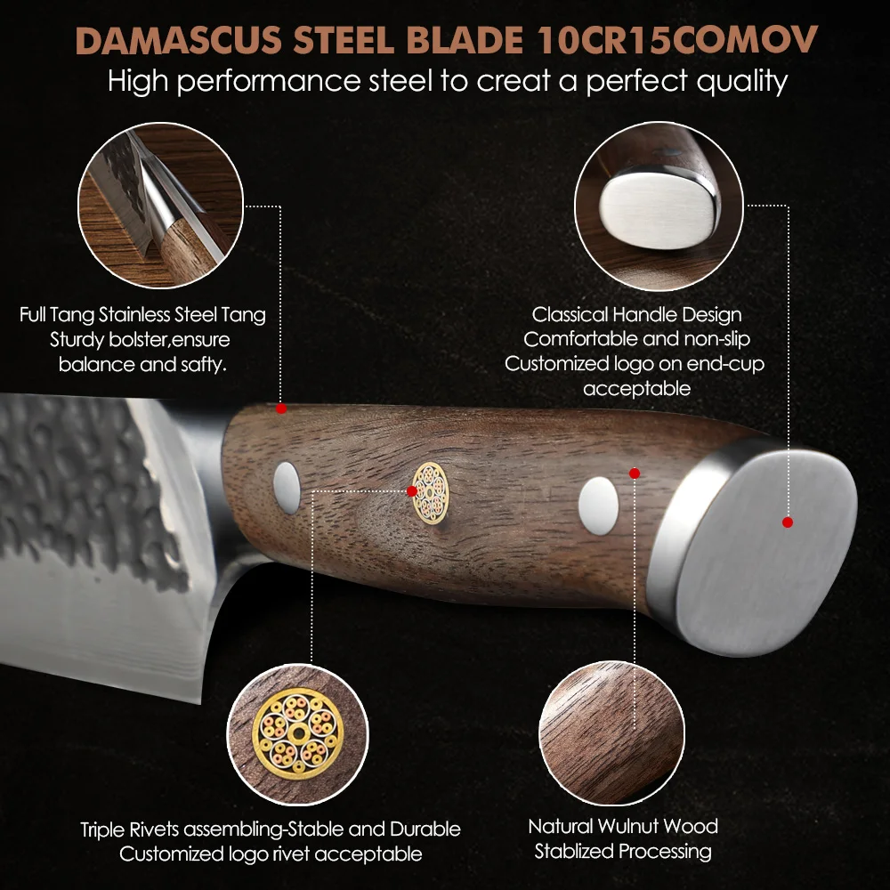 7 inch black smith power hammer handmade damascus kitchen knives santoku