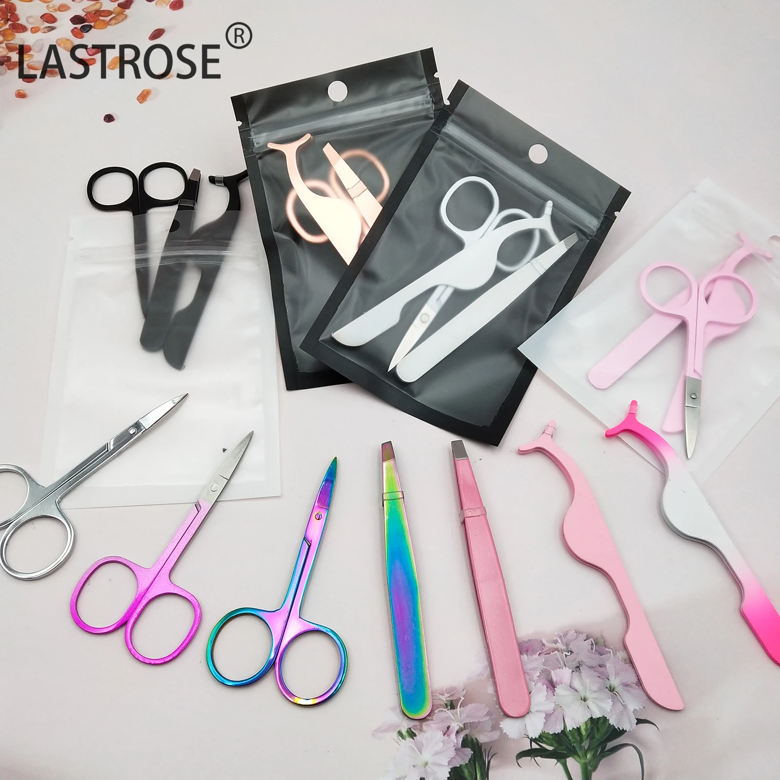 private label pink lashes scissors eyebrow tweezers eyelash applicator set,private logo stainless steel 3pcs lash tweezer kit