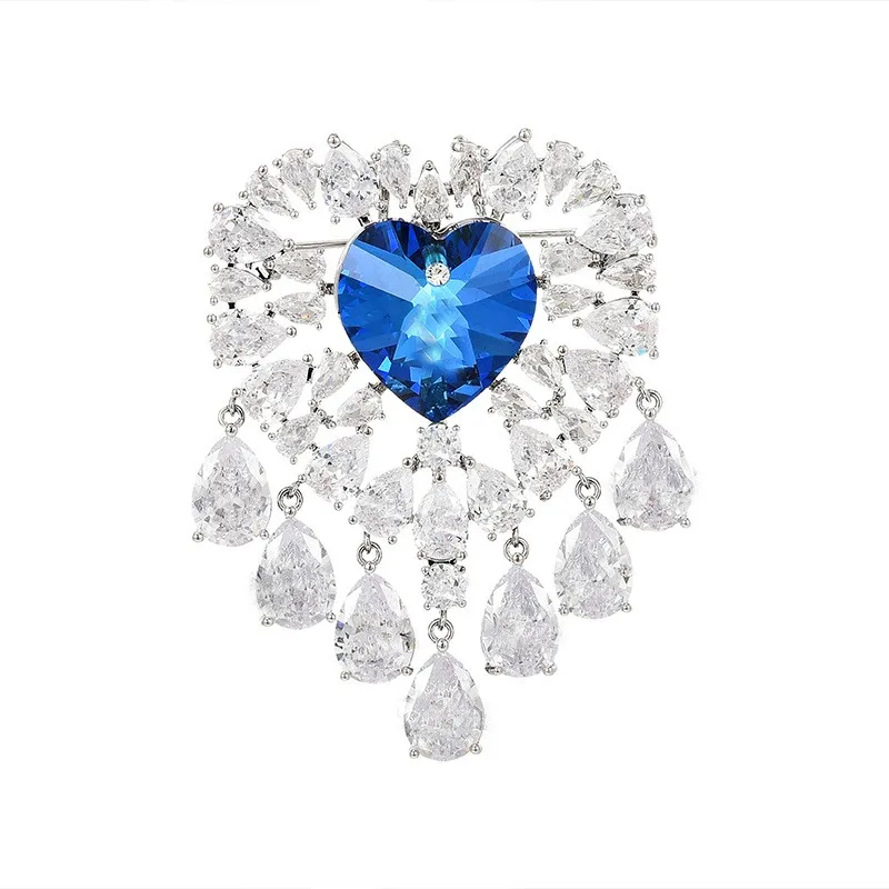Luxury Retro Crystal Heart Brooch Pin Broaches Zircon Tassel Blue Ocean Heart Brooch For Women
