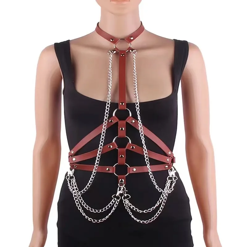 Goth PU Leather Body Harness Chain Bra Top Chest Waist Belt Witch Gothic Fashion Metal Girl Festival Jewelry Accessories