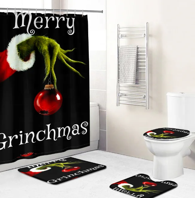 3D Digital Printing  grinch christmas shower curtain and toilet set for bathroom mat