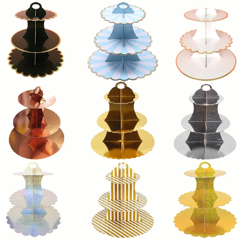 3 Tier Gold White Silver Afternoon Tea Party Wedding Cupcake Cardboard Paper Cake Stand