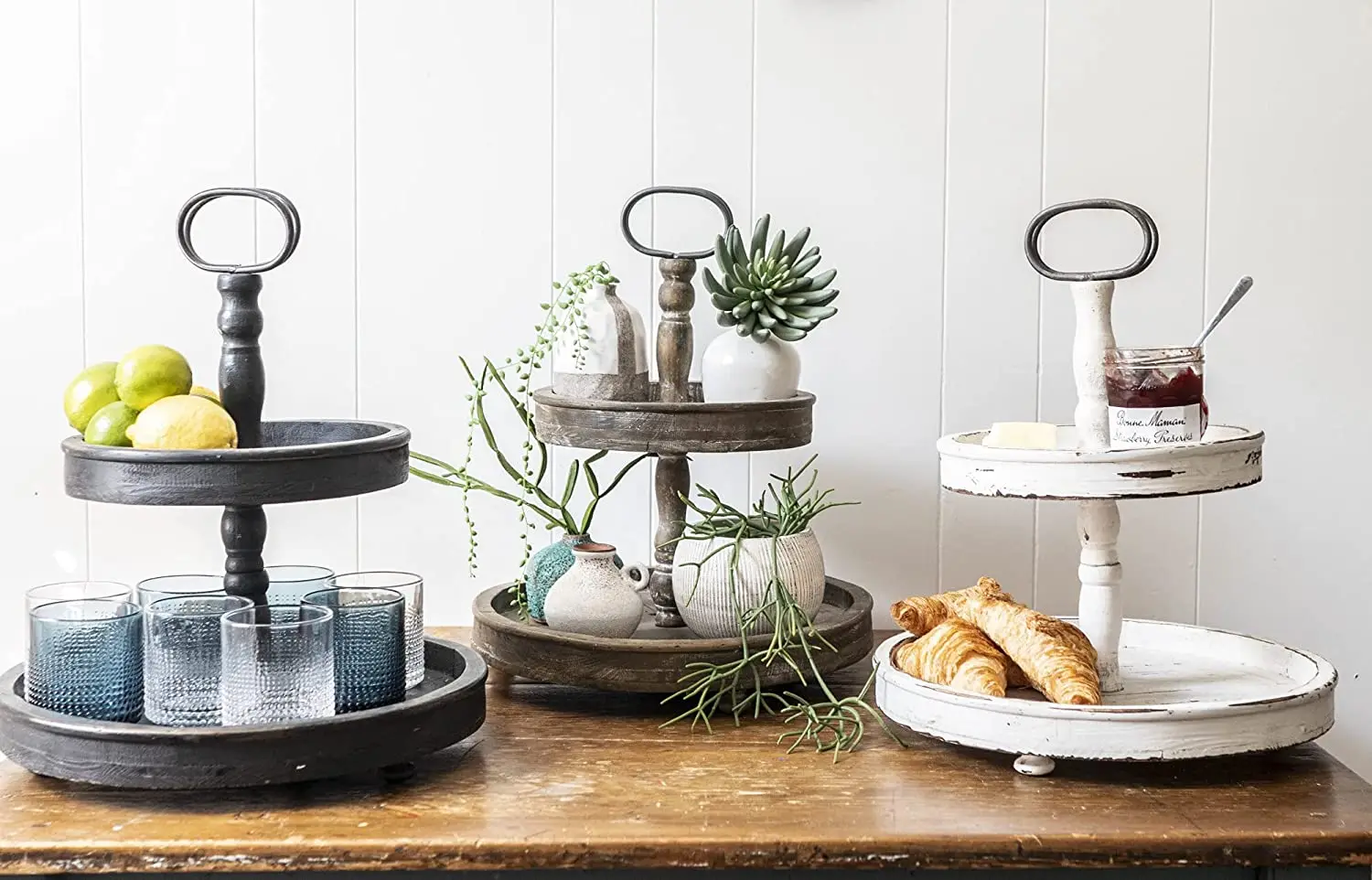 Wholesale Decorative Farmhouse Two Tiered Tray Beautiful Rustic Wooden 2 Tier Serving Tray And Holiday Home Decorations