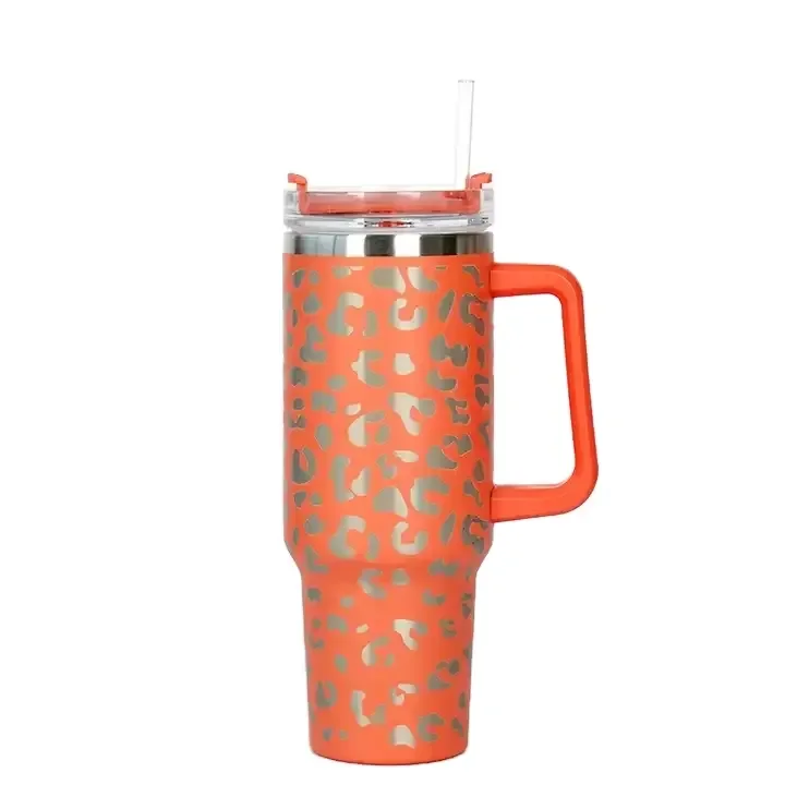Stainless Steel Vacuum Insulated Travel Mug Leopard Cup 40oz Tumbler With Handle Lids And Straw