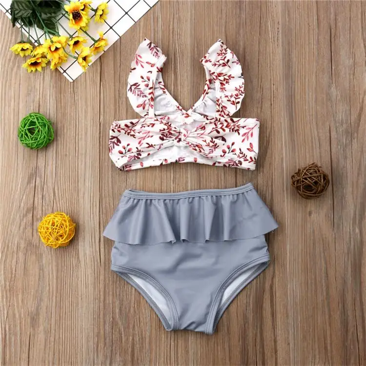 Pretty cute tiny girls leaves printed kids fashionable swimwear child swim suit wear for children