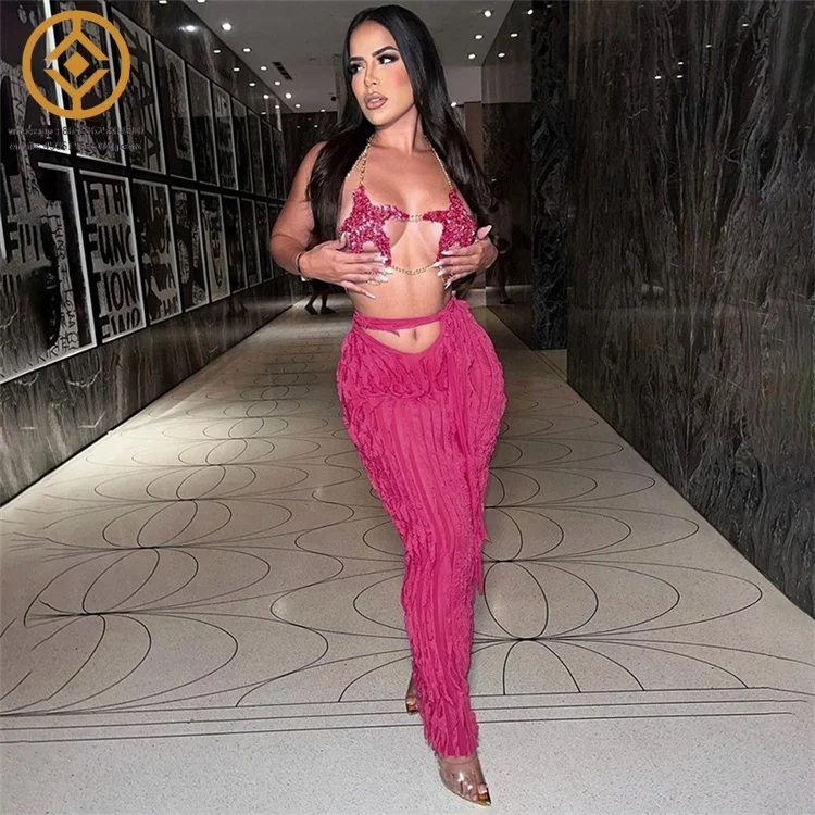 Wave pattern ruffle lace up sexy navel revealing skirt