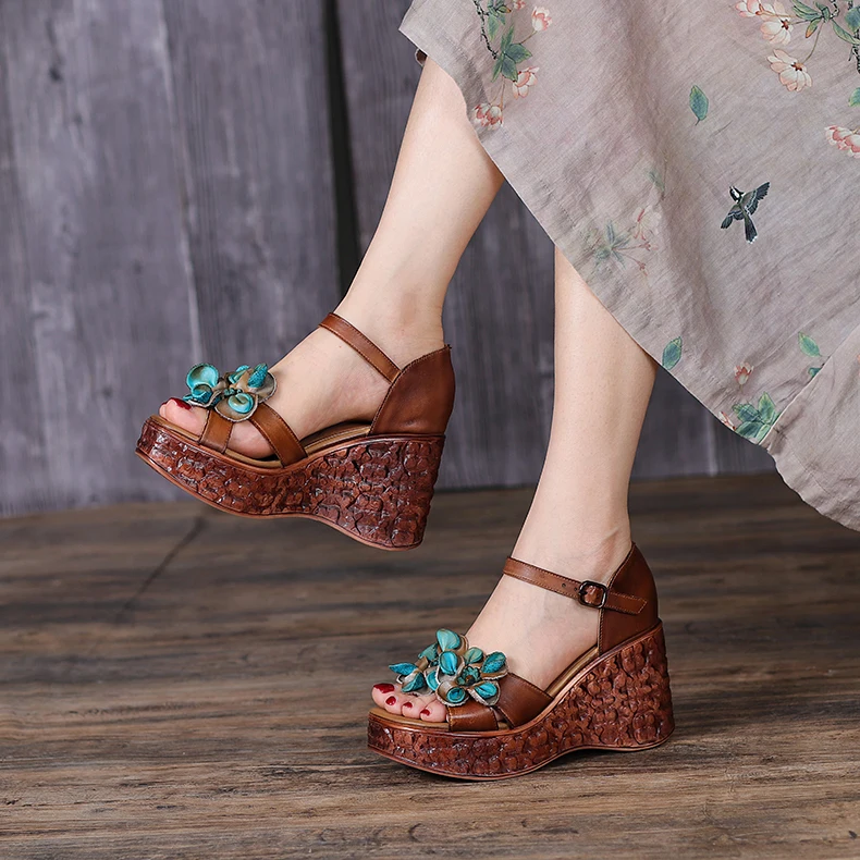 Genuine Leather Sandals Handmade Flowers Summer Shoes Woman Wedges High Heel Shoes Retro Ethnic Height Increasing Ladies Shoes