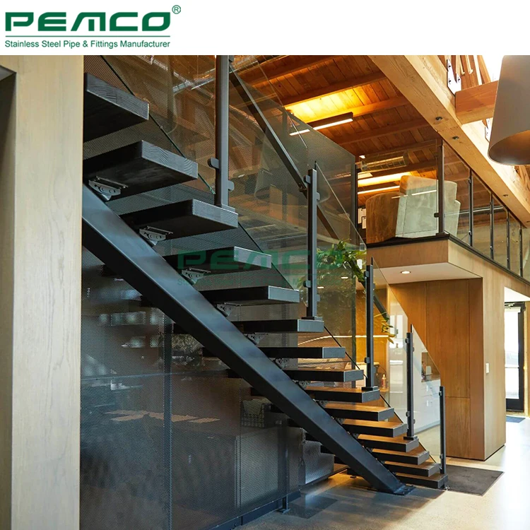 American Canada Staircase Indoor Straight Steel Frame Stair Mono Stringer Design Floating Glass Staircase