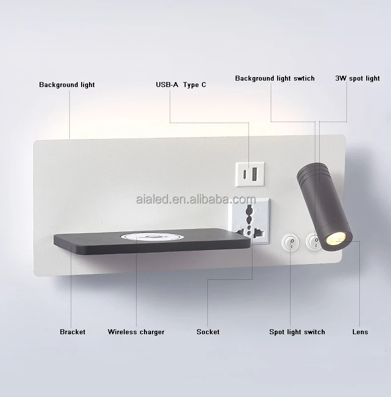 Multifunctional hotel home villa apartment reading wall lamp USB Type-C wireless charger socket bedside light bedroom lamp