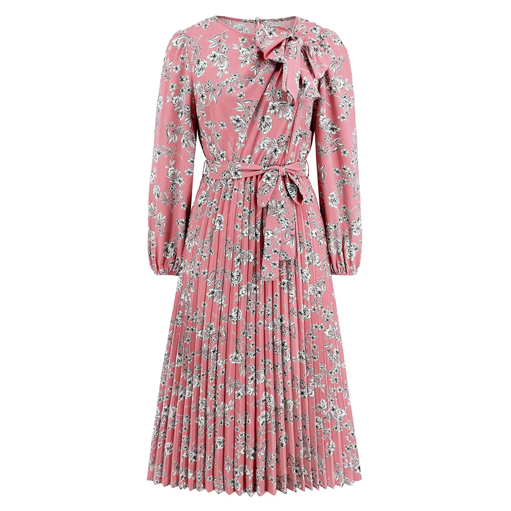 Fashion unique design bow collar women floral printed pleated hemline elegant women midi dress for autumn