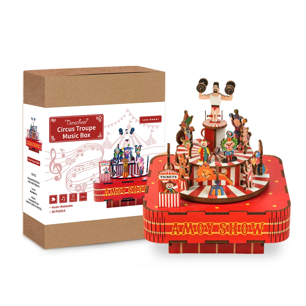 Tonecheer popular Circus Troupe theme 3D puzzle wood rolate music box for kid gift
