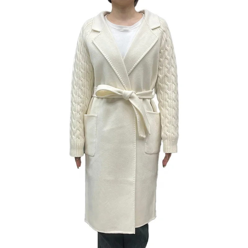 Winter Fashion Thick Knitted Splicing Cashmere Coat Long Genuine Wool Coat Women with Belt