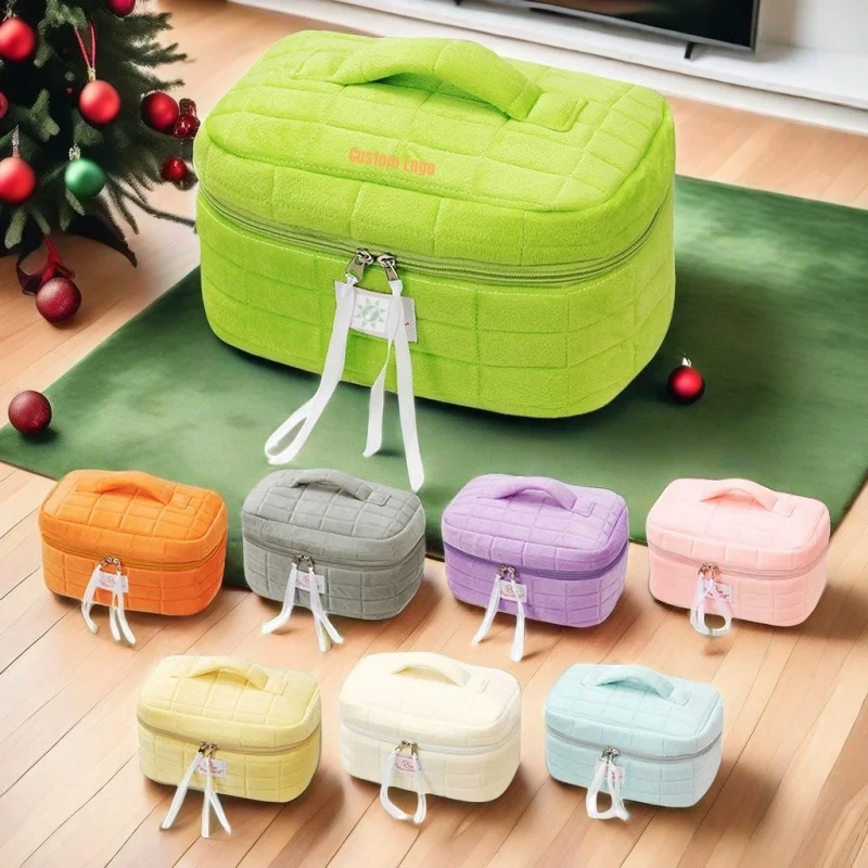 Fashion Quilted Recycled Cotton Square Soft Beauty Make Up Bag Travel Zipper Organizer Cosmetic Bag For Women