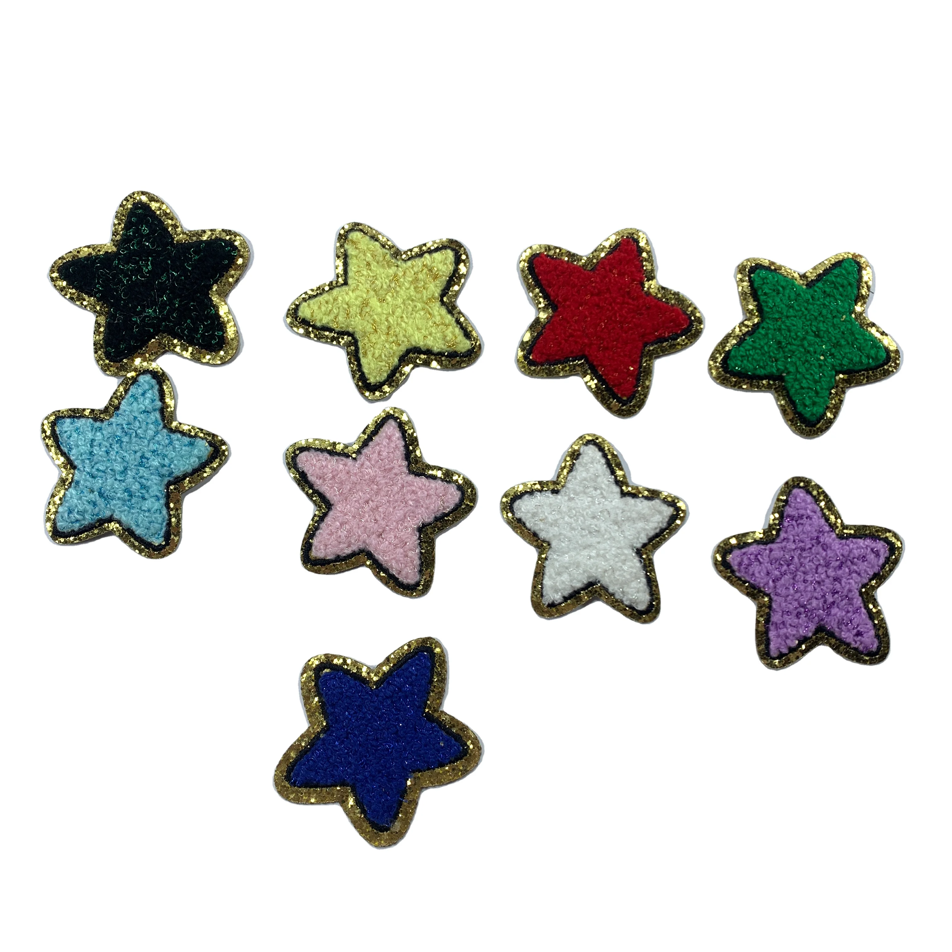 High quality exquisite embroidery Rainbow Lighting Face Heart Star glitter chenille iron on bag applique patch for cosmetic bag