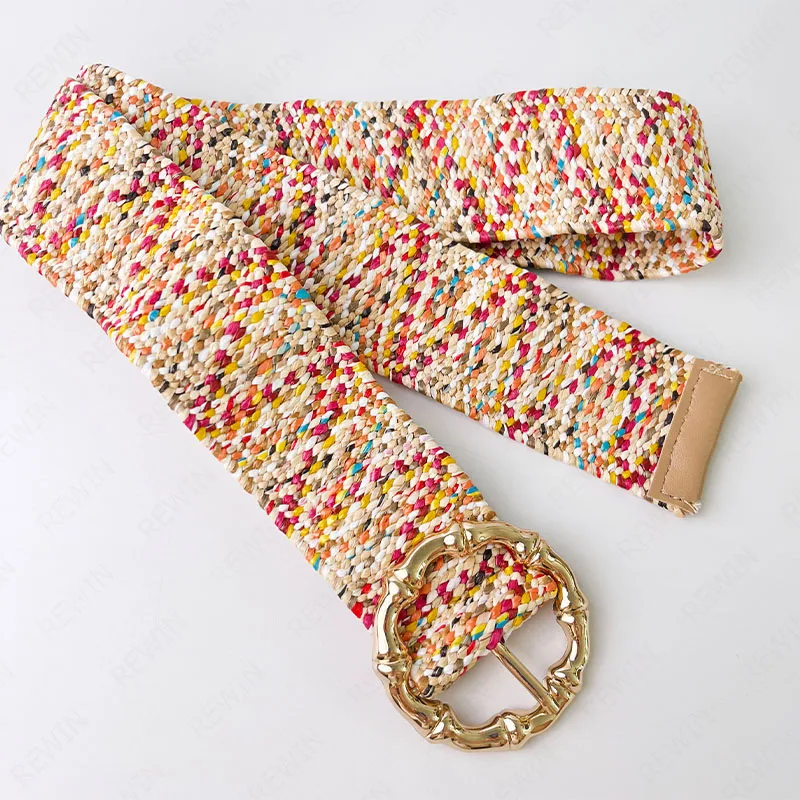 REWIN 2022 New Fashion Muticolr Colorful Wide Elastic Straw Waist Belts With Gold Bamboo Rings Buckle