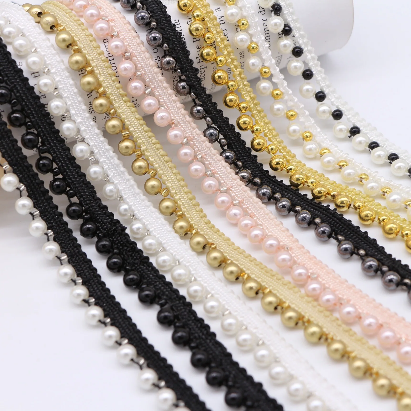 wholesale handmade beaded lace Accessories Pearl webbing Beaded Lace Fabric Clothing Decoration Pearl Trim Lace For Clothing