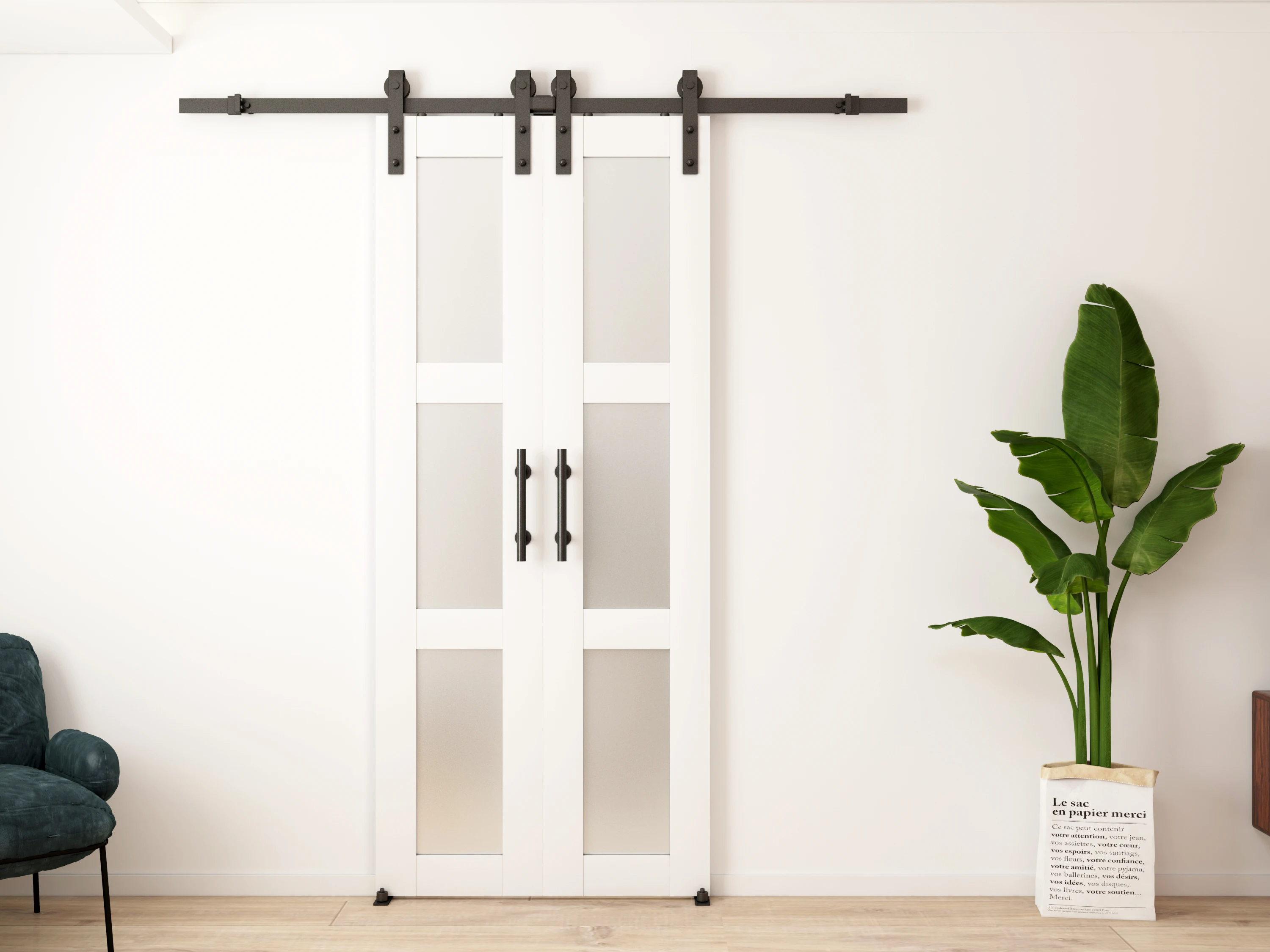 DIY barn door panel with hardware kit,  PVC Primed 3 Glass Panel, Need to Assemble, Hardware